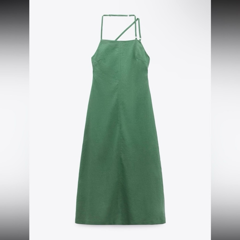 Zara Green Open Back Linen Midi Dress